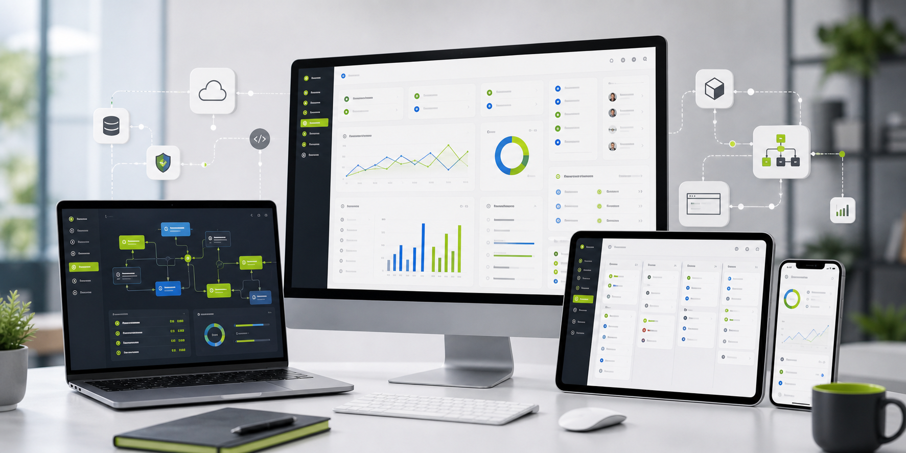 Custom software development dashboard with planning boards and analytics