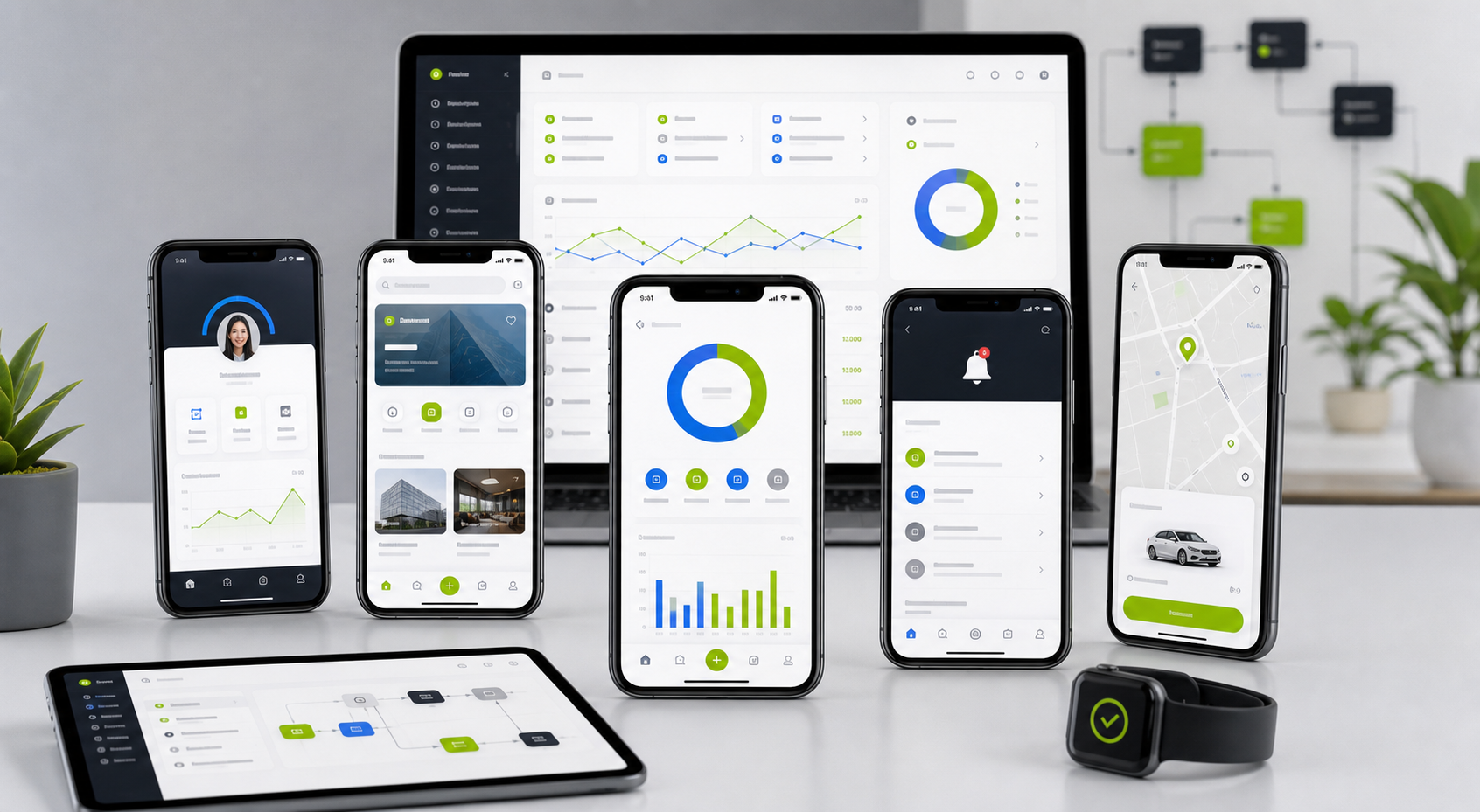 Mobile app development screens connected to backend dashboard