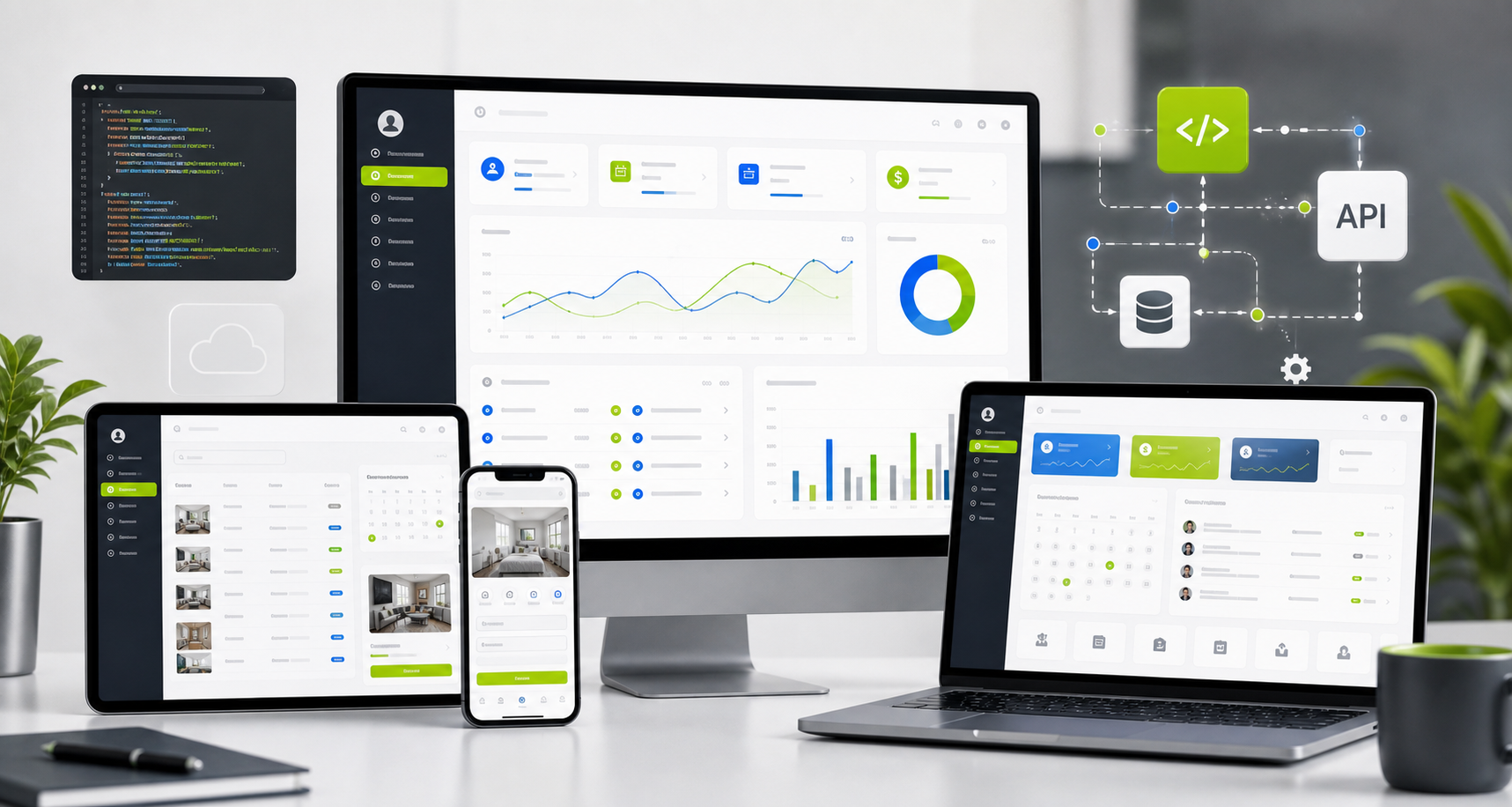 Web application development interface on laptop screens